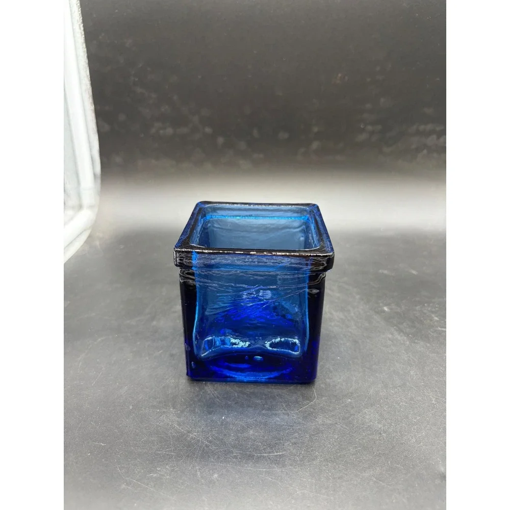 Cobalt Blue Art Glass Square Votive Candle Holder Textured Heavy Glass Planter